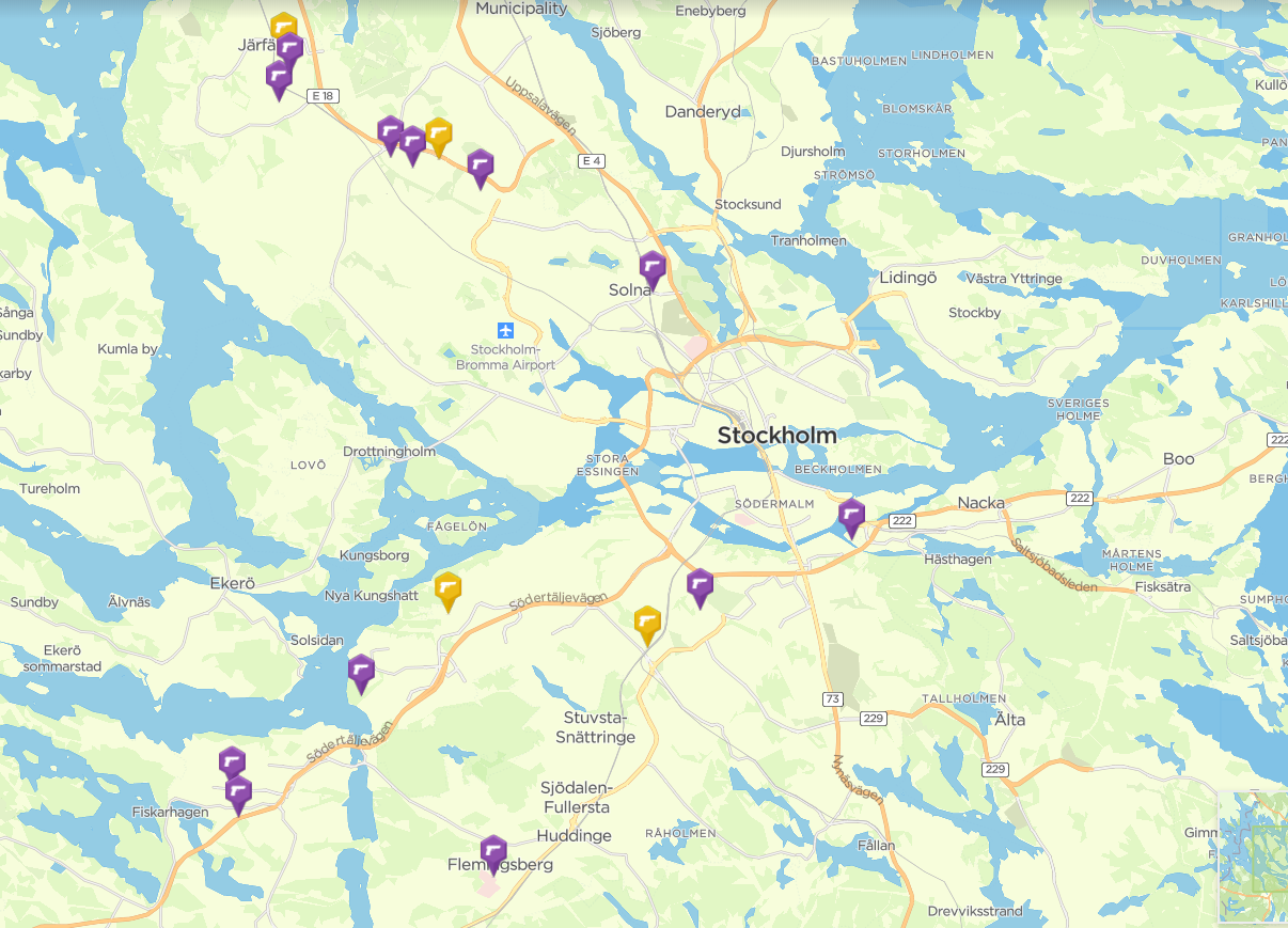 Map showing the locations of gun crime throughout Stockholm since January 2019
